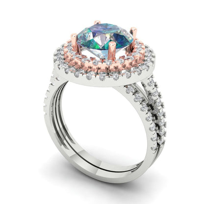 2.73 cttw Round Cut Blue Moissanite Bridal Set - Solid White/Rose Gold Engagement Ring & Wedding Band