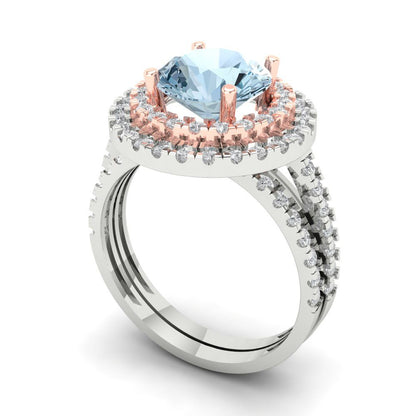 2.73 cttw Round Cut Natural Aquamarine Bridal Set - Solid White/Rose Gold Engagement Ring & Wedding Band
