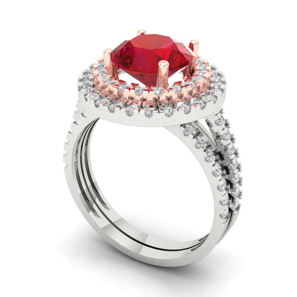 2.73 cttw Round Cut Simulated Ruby Bridal Set - Solid White/Rose Gold Engagement Ring & Wedding Band