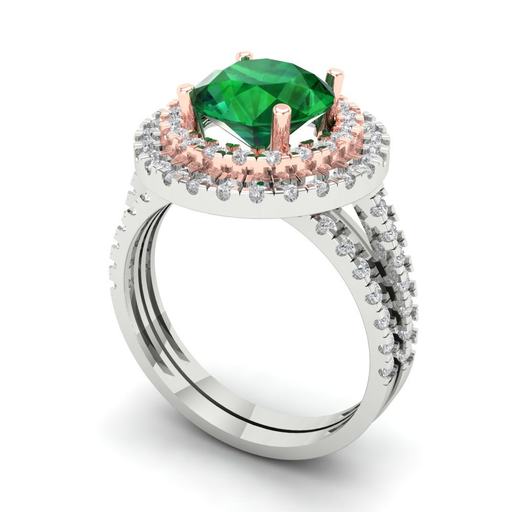 2.73 cttw Round Cut Simulated Emerald Bridal Set - Solid White/Rose Gold Engagement Ring & Wedding Band