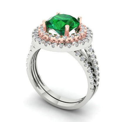 2.73 cttw Round Cut Simulated Emerald Bridal Set - Solid White/Rose Gold Engagement Ring & Wedding Band