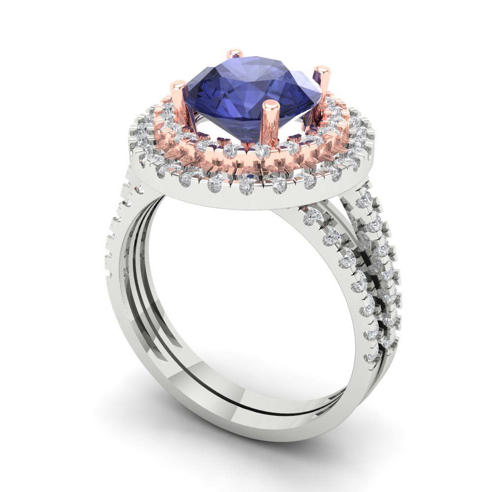 2.73 cttw Round Cut Simulated Tanzanite Bridal Set - Solid White/Rose Gold Engagement Ring & Wedding Band