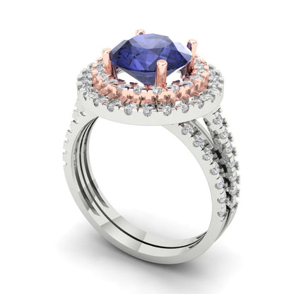 2.73 cttw Round Cut Simulated Tanzanite Bridal Set - Solid White/Rose Gold Engagement Ring & Wedding Band