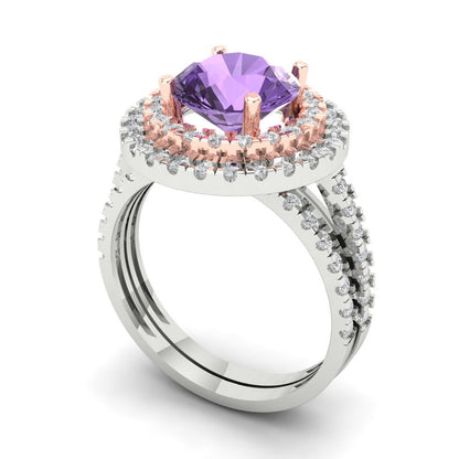 2.73 cttw Round Cut Simulated Alexandrite Bridal Set - Solid White/Rose Gold Engagement Ring & Wedding Band