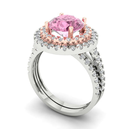 2.73 cttw Round Cut Simulated Pink Diamond Bridal Set - Solid White/Rose Gold Engagement Ring & Wedding Band