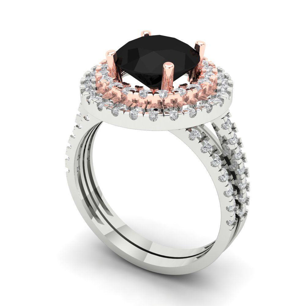 2.73 cttw Round Cut Natural Onyx Bridal Set - Solid White/Rose Gold Engagement Ring & Wedding Band