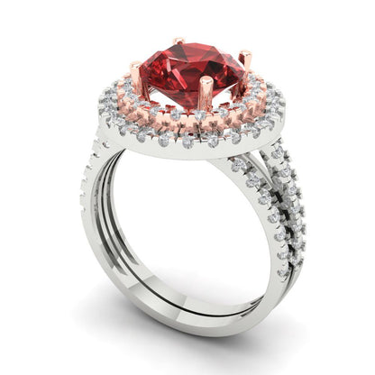 2.73 cttw Round Cut Natural Garnet Bridal Set - Solid White/Rose Gold Engagement Ring & Wedding Band