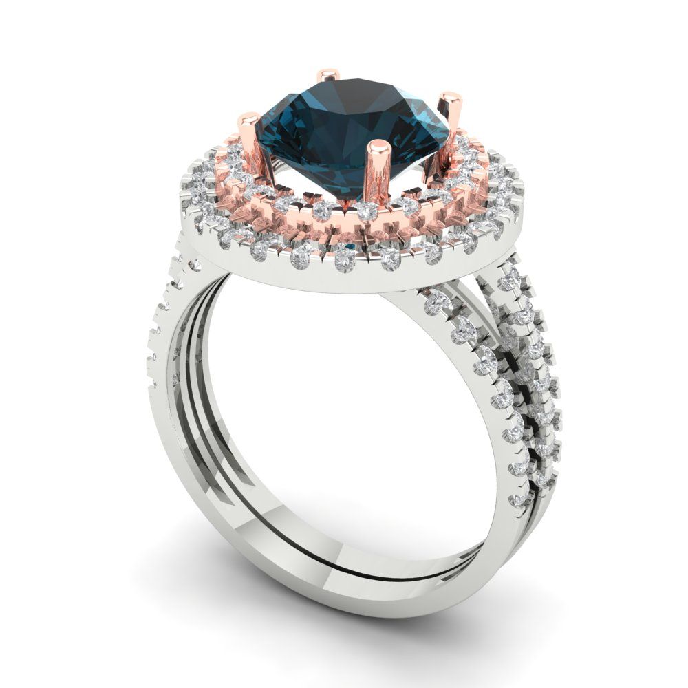 2.73 cttw Round Cut Natural London Blue Topaz Bridal Set - Solid White/Rose Gold Engagement Ring & Wedding Band