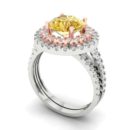 2.73 cttw Round Cut Yellow Moissanite Bridal Set - Solid White/Rose Gold Engagement Ring & Wedding Band
