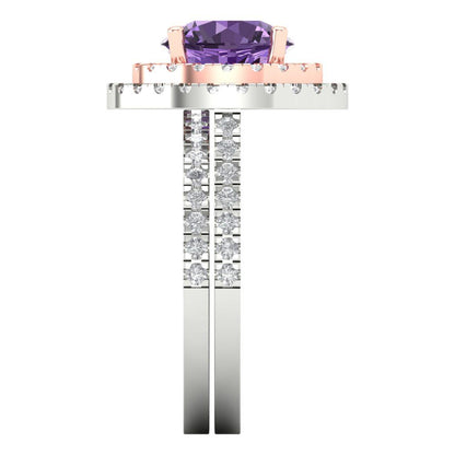 2.73 cttw Round Cut Simulated Alexandrite Bridal Set - Solid White/Rose Gold Engagement Ring & Wedding Band