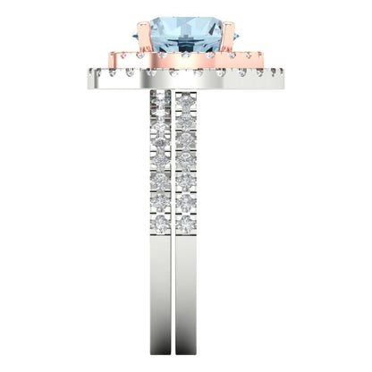 2.73 cttw Round Cut Natural Swiss Blue Topaz Bridal Set - Solid White/Rose Gold Engagement Ring & Wedding Band