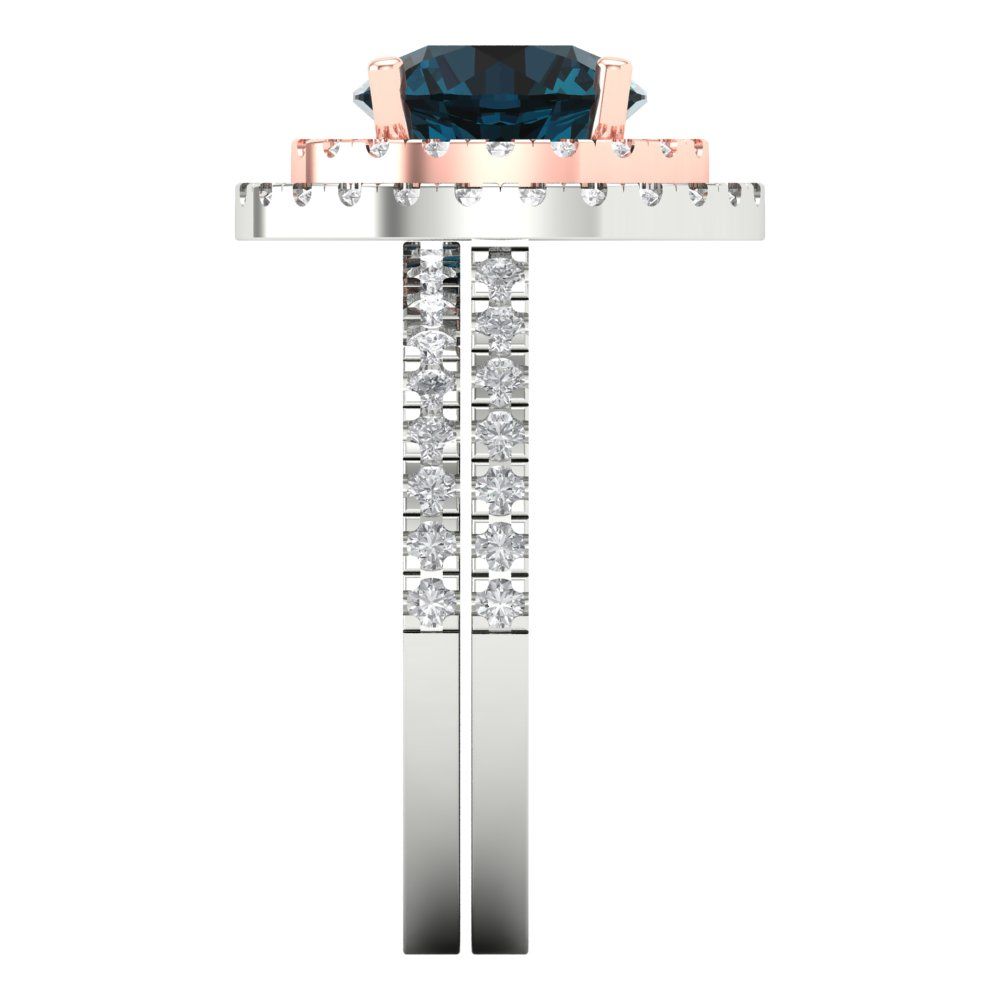 2.73 cttw Round Cut Natural London Blue Topaz Bridal Set - Solid White/Rose Gold Engagement Ring & Wedding Band