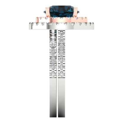 2.73 cttw Round Cut Natural London Blue Topaz Bridal Set - Solid White/Rose Gold Engagement Ring & Wedding Band