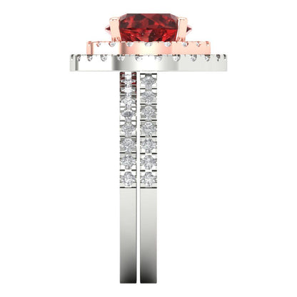 2.73 cttw Round Cut Natural Garnet Bridal Set - Solid White/Rose Gold Engagement Ring & Wedding Band