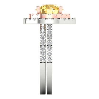 2.73 cttw Round Cut Natural Citrine Bridal Set - Solid White/Rose Gold Engagement Ring & Wedding Band