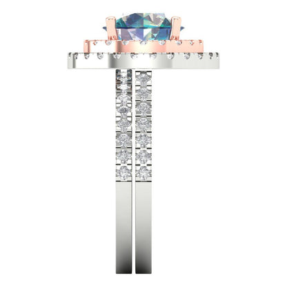 2.73 cttw Round Cut Blue Moissanite Bridal Set - Solid White/Rose Gold Engagement Ring & Wedding Band
