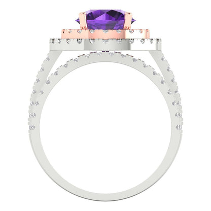 2.73 cttw Round Cut Natural Amethyst Bridal Set - Solid White/Rose Gold Engagement Ring & Wedding Band