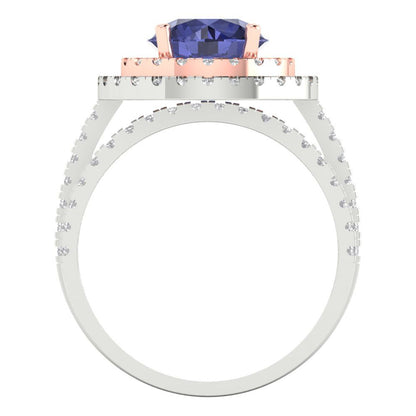 2.73 cttw Round Cut Simulated Tanzanite Bridal Set - Solid White/Rose Gold Engagement Ring & Wedding Band