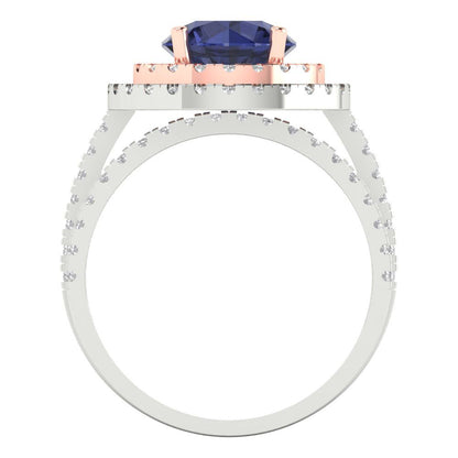 2.73 cttw Round Cut Simulated Blue Sapphire Bridal Set - Solid White/Rose Gold Engagement Ring & Wedding Band