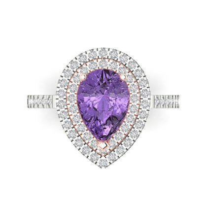 2.48 cttw Simulated Alexandrite Hidden Halo Engagement Ring - Solid White/Rose Gold (VVS1, Pear Cut,10X7mm )