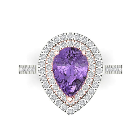 2.48 cttw Simulated Alexandrite Hidden Halo Engagement Ring - Solid White/Rose Gold (VVS1, Pear Cut,10X7mm )