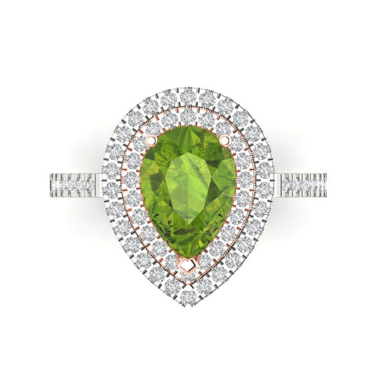 2.48 cttw Natural Peridot Hidden Halo Engagement Ring - Solid White/Rose Gold (VVS1, Pear Cut,10X7mm )