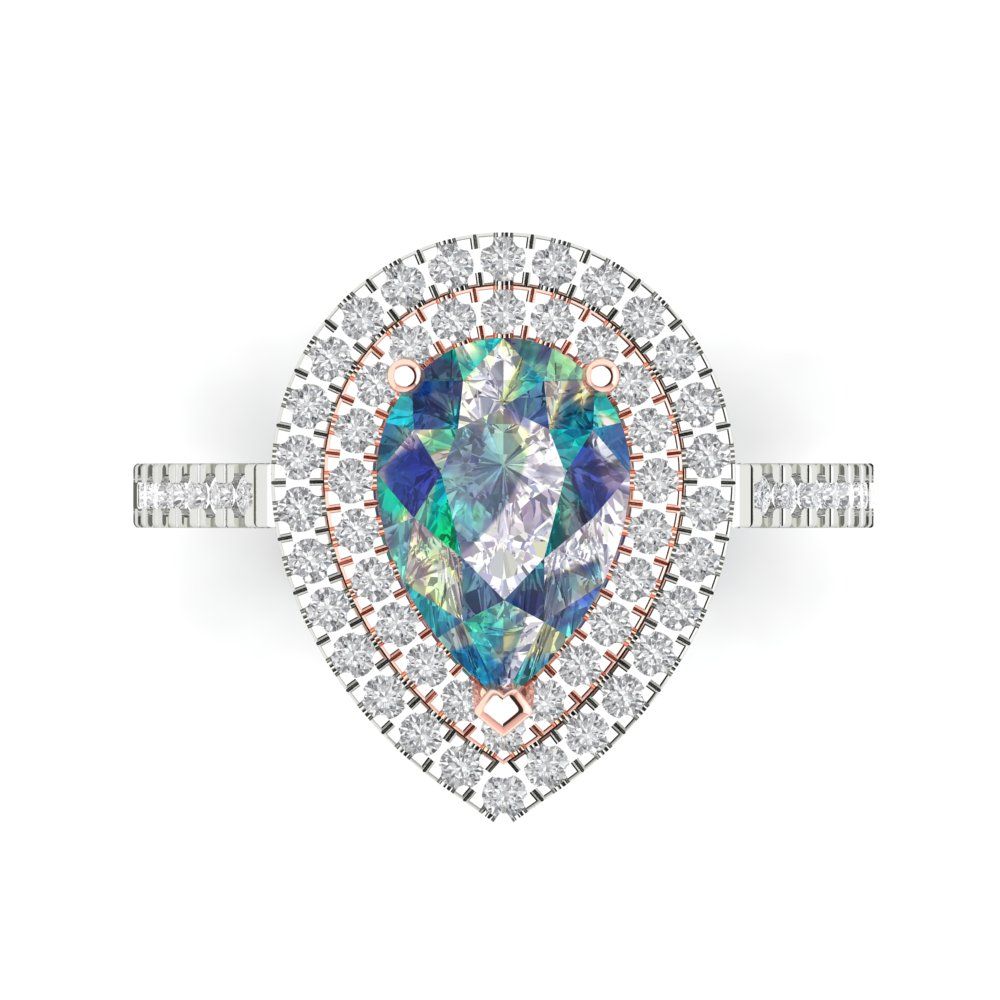 2.48 cttw Blue Moissanite Hidden Halo Engagement Ring - Solid White/Rose Gold (VVS1, Pear Cut,10X7mm )