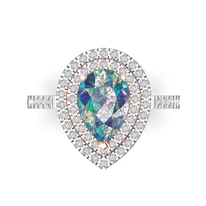 2.48 cttw Blue Moissanite Hidden Halo Engagement Ring - Solid White/Rose Gold (VVS1, Pear Cut,10X7mm )