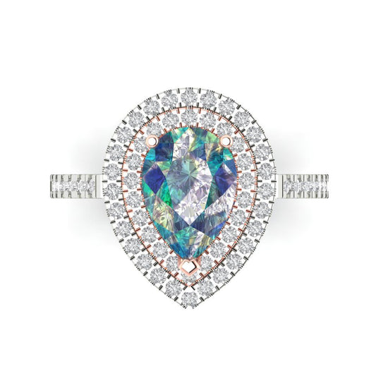 2.48 cttw Blue Moissanite Hidden Halo Engagement Ring - Solid White/Rose Gold (VVS1, Pear Cut,10X7mm )