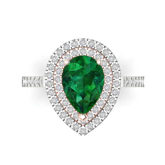 2.48 cttw Simulated Emerald Hidden Halo Engagement Ring - Solid White/Rose Gold (VVS1, Pear Cut,10X7mm )