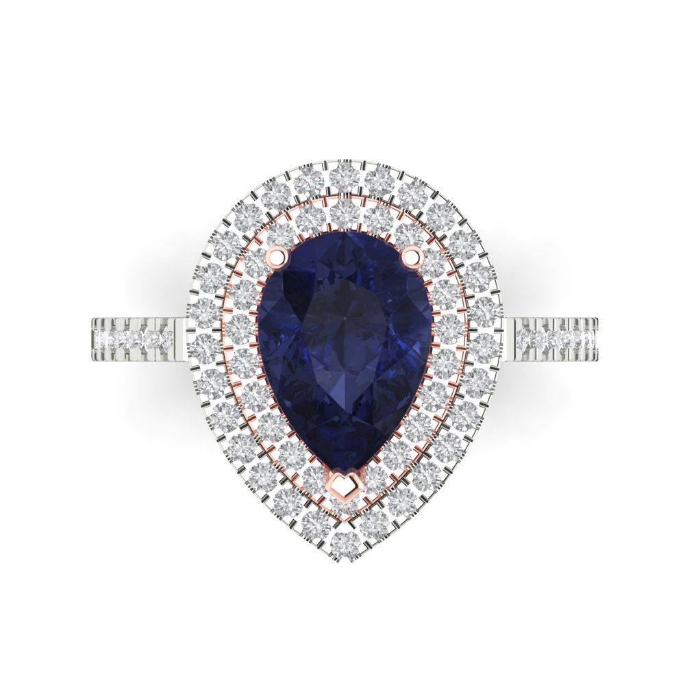 2.48 cttw Simulated Blue Sapphire Hidden Halo Engagement Ring - Solid White/Rose Gold (VVS1, Pear Cut,10X7mm )