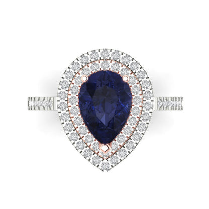 2.48 cttw Simulated Blue Sapphire Hidden Halo Engagement Ring - Solid White/Rose Gold (VVS1, Pear Cut,10X7mm )