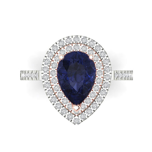 2.48 cttw Simulated Blue Sapphire Hidden Halo Engagement Ring - Solid White/Rose Gold (VVS1, Pear Cut,10X7mm )