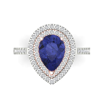 2.48 cttw Simulated Tanzanite Hidden Halo Engagement Ring - Solid White/Rose Gold (VVS1, Pear Cut,10X7mm )