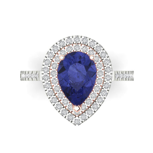 2.48 cttw Simulated Tanzanite Hidden Halo Engagement Ring - Solid White/Rose Gold (VVS1, Pear Cut,10X7mm )