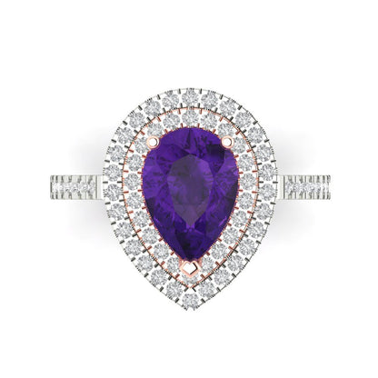 2.48 cttw Natural Amethyst Hidden Halo Engagement Ring - Solid White/Rose Gold (VVS1, Pear Cut,10X7mm )