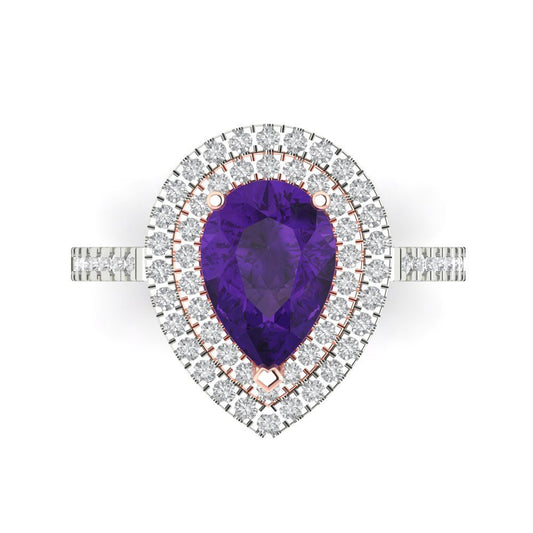 2.48 cttw Natural Amethyst Hidden Halo Engagement Ring - Solid White/Rose Gold (VVS1, Pear Cut,10X7mm )