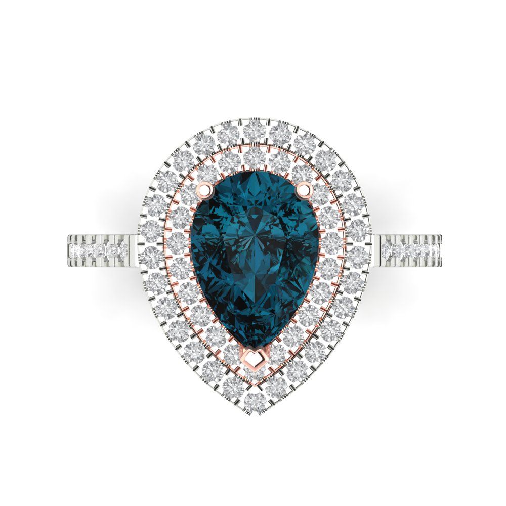 2.48 cttw Natural London Blue Topaz Hidden Halo Engagement Ring - Solid White/Rose Gold (VVS1, Pear Cut,10X7mm )