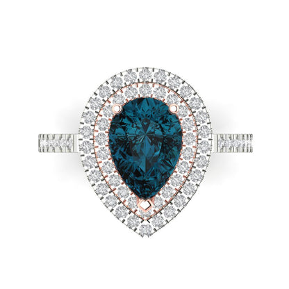 2.48 cttw Natural London Blue Topaz Hidden Halo Engagement Ring - Solid White/Rose Gold (VVS1, Pear Cut,10X7mm )