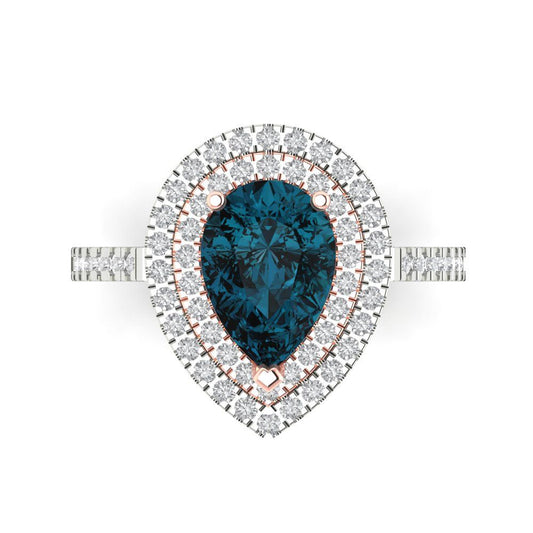2.48 cttw Natural London Blue Topaz Hidden Halo Engagement Ring - Solid White/Rose Gold (VVS1, Pear Cut,10X7mm )