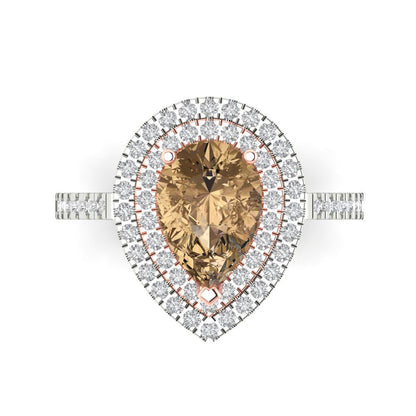 2.48 cttw Zirconia Simulated Champagne Diamond Hidden Halo Engagement Ring - Solid White/Rose Gold (VVS1, Pear Cut,10X7mm )
