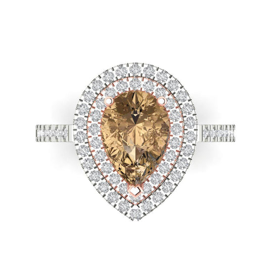 2.48 cttw Zirconia Simulated Champagne Diamond Hidden Halo Engagement Ring - Solid White/Rose Gold (VVS1, Pear Cut,10X7mm )