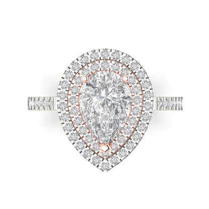 2.48 cttw Moissanite Hidden Halo Engagement Ring - Solid White/Rose Gold (VVS1, Pear Cut,10X7mm )