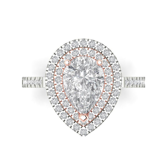 2.48 cttw Zirconia Simulated Diamond Hidden Halo Engagement Ring - Solid White/Rose Gold (VVS1, Pear Cut,10X7mm )