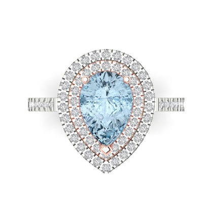 2.48 cttw Zirconia Simulated Blue Diamond Hidden Halo Engagement Ring - Solid White/Rose Gold (VVS1, Pear Cut,10X7mm )