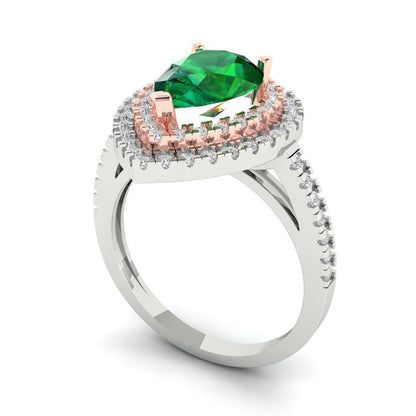 2.48 cttw Simulated Emerald Hidden Halo Engagement Ring - Solid White/Rose Gold (VVS1, Pear Cut,10X7mm )