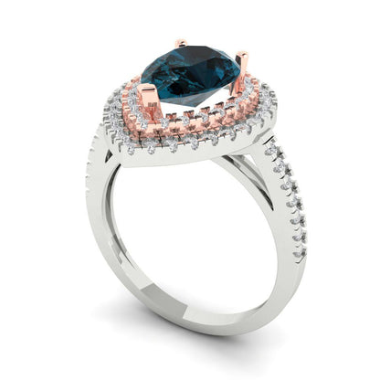 2.48 cttw Natural London Blue Topaz Hidden Halo Engagement Ring - Solid White/Rose Gold (VVS1, Pear Cut,10X7mm )