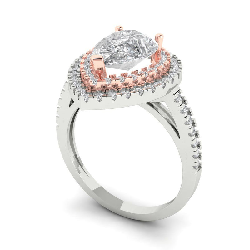 2.5 ct Brilliant Pear Cut Natural Diamond Stone Clarity SI1-2 Color I-J White/Rose Gold Halo Solitaire with Accents Ring