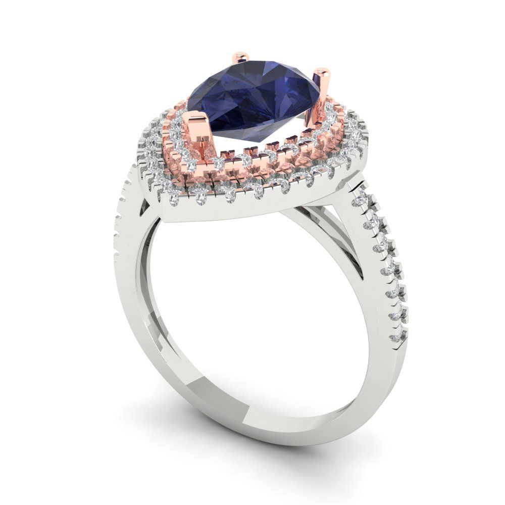 2.48 cttw Simulated Blue Sapphire Hidden Halo Engagement Ring - Solid White/Rose Gold (VVS1, Pear Cut,10X7mm )