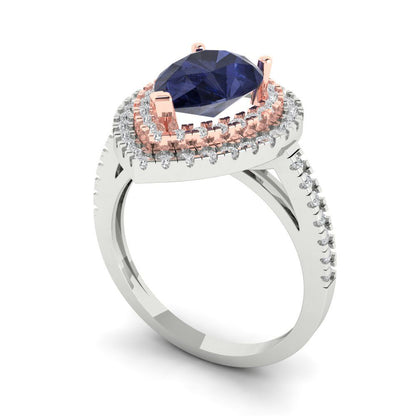 2.48 cttw Simulated Blue Sapphire Hidden Halo Engagement Ring - Solid White/Rose Gold (VVS1, Pear Cut,10X7mm )